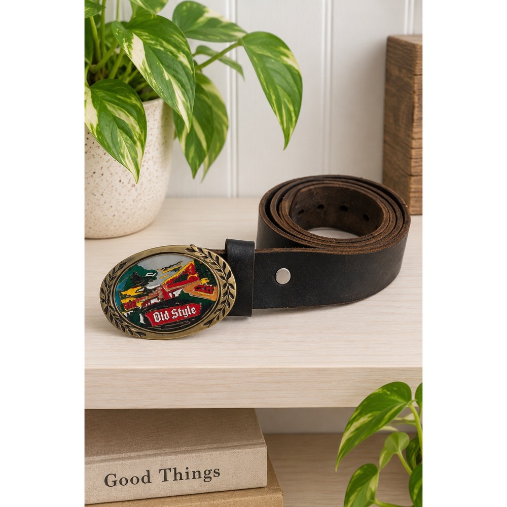 Vintage Leather Belt Heritage Solid Brass Old Style Beer Buckle Brown 42.5"